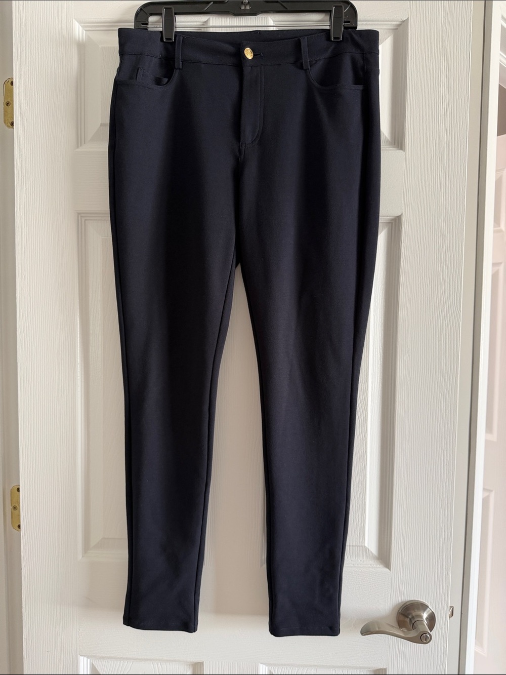 Michael Kors Navy Slim Ponte Pants with Gold Button